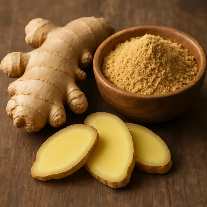 A piece of fresh ginger root with sliced ginger and a bowl of ground ginger