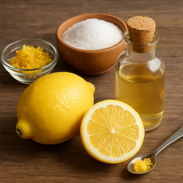 Whole lemons, zest and a bottle of lemon extract on a rustic board