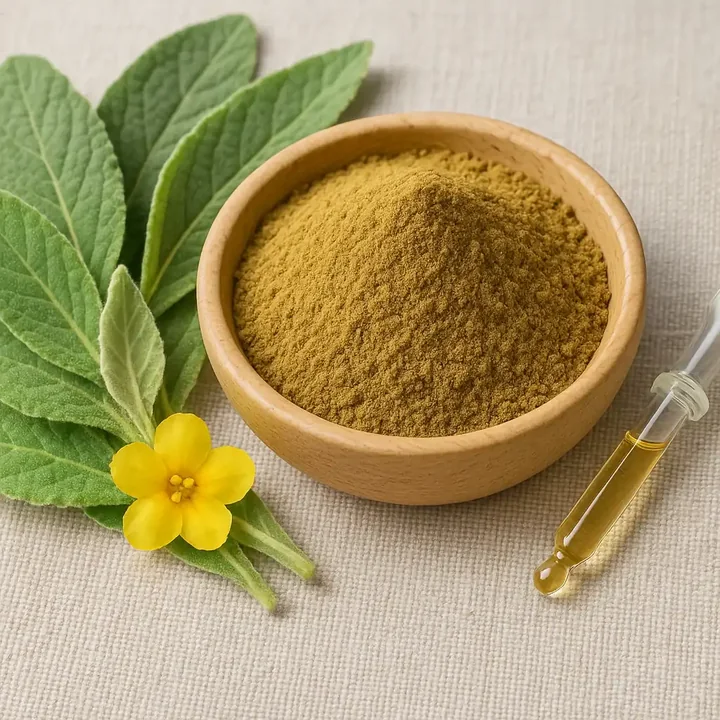 Mullein leaf powder in a wooden dish next to fresh mullein leaves and a small yellow flower