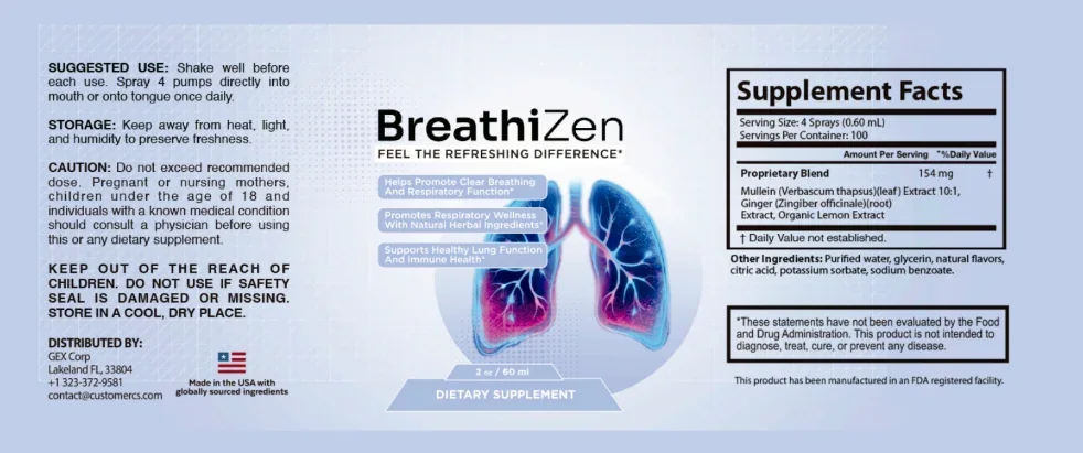 BreathiZen bottle label with directions and Supplement Facts