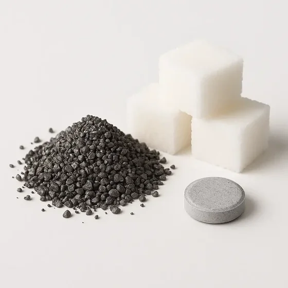 A tablet, sugar cubes and dark granules, the older way of taking supplements